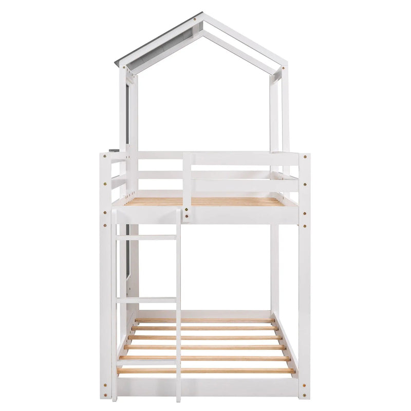 Bunk Bed Wood Bed & Roof, Window, Guardrail, Ladder