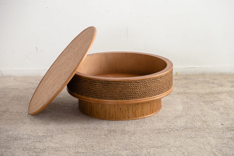 31.5" Round Retro Coffee Table With Flip-top Cover - Hemp Rope + Rattan,Featuring a Vintage, photo 9 of 10