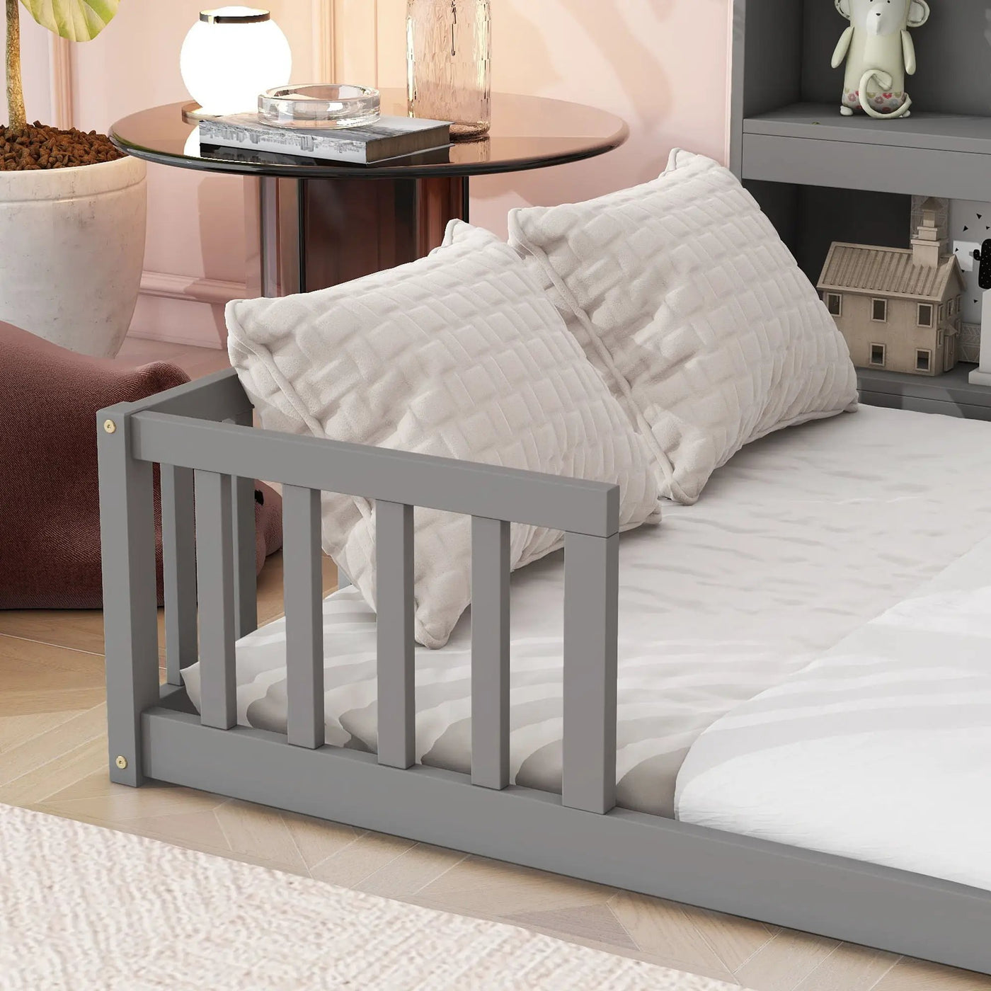 Floor Bed With Side Bookcase, Shelves, Guardrails by Unique Piece Furniture