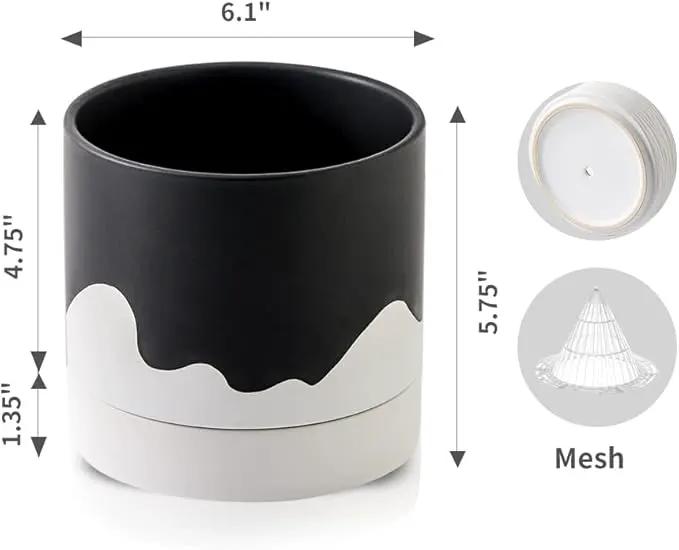 Nihow Ceramic Plant Pot: 6 Inch Planter with Drainage Hole & Saucer for Indoor & Outdoor Plants - Cylinder Round Flower Pot for Succulent/Herbs/Violets - Black & Wave White by GreenHaven Gardens