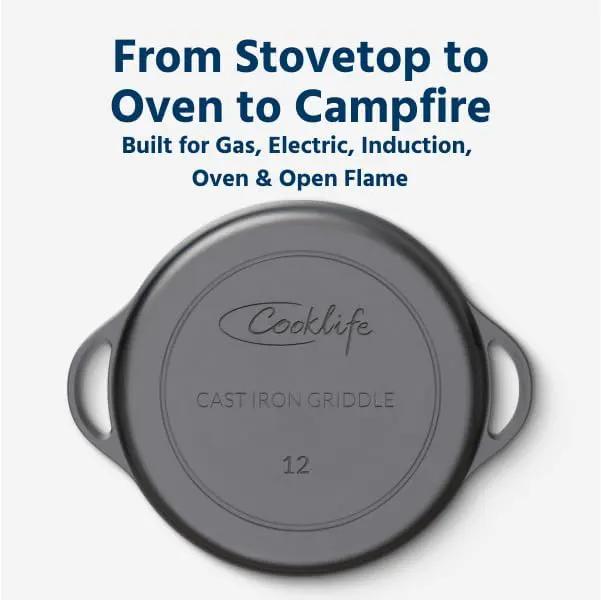 COOKLIFE 12 Inch Lightweight Pre-Seasoned Cast Iron Griddle with Cleaning Kit - Smooth Polished Surface, Easy to Clean Cast Iron skillets Use in the Oven, on the Stove or Grill, Over a Campfire by GreenHaven Gardens