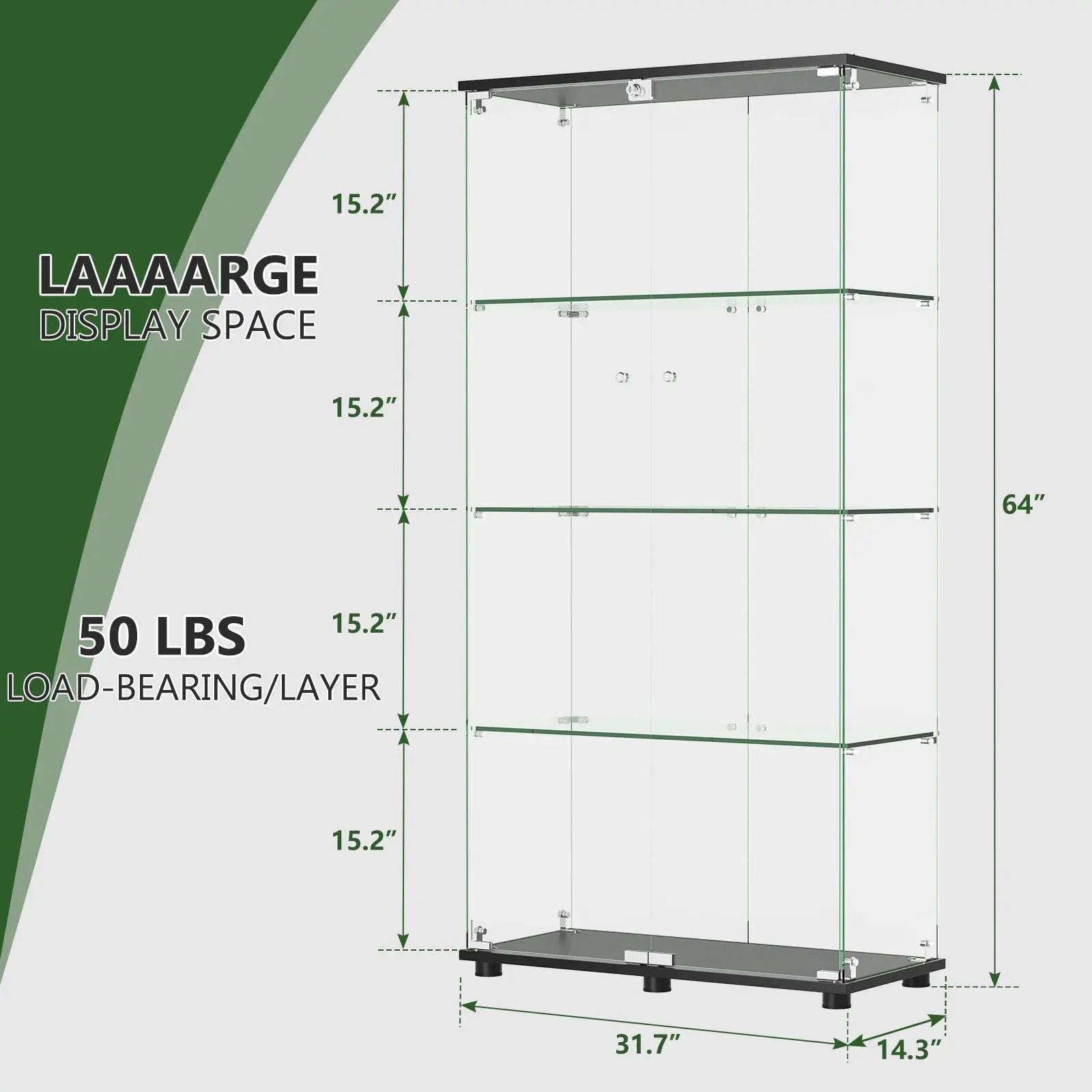 Modern Glass Display Cabinet With 4 Shelf Double Doors And Lock, Tempered Glass Bookshelf For Living Room - Black by Unique Piece Furniture
