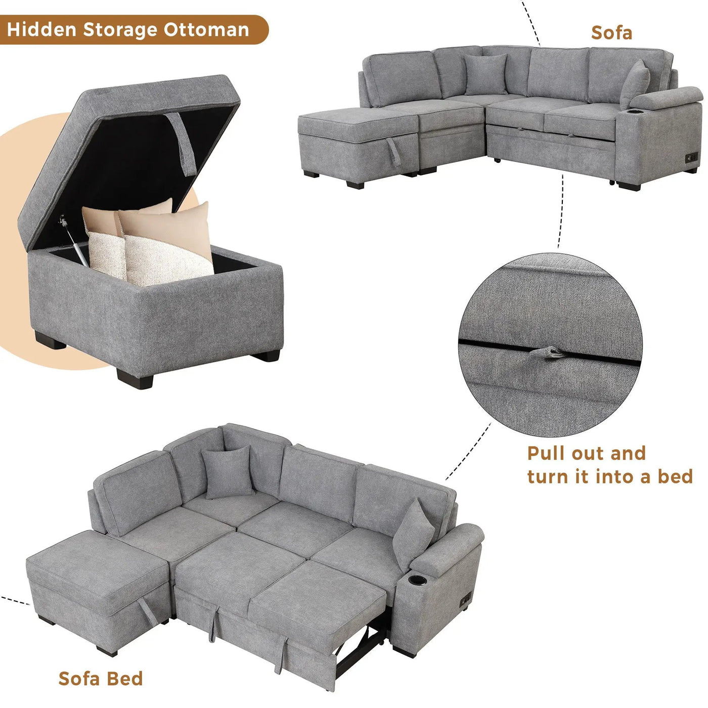 Sleeper Sofa Bed, 2 In 1 Pull Out Sofa Bed L Shape Couch With Storage Ottoman For Living Room, Bedroom Couch And Small Apartment by Unique Piece Furniture
