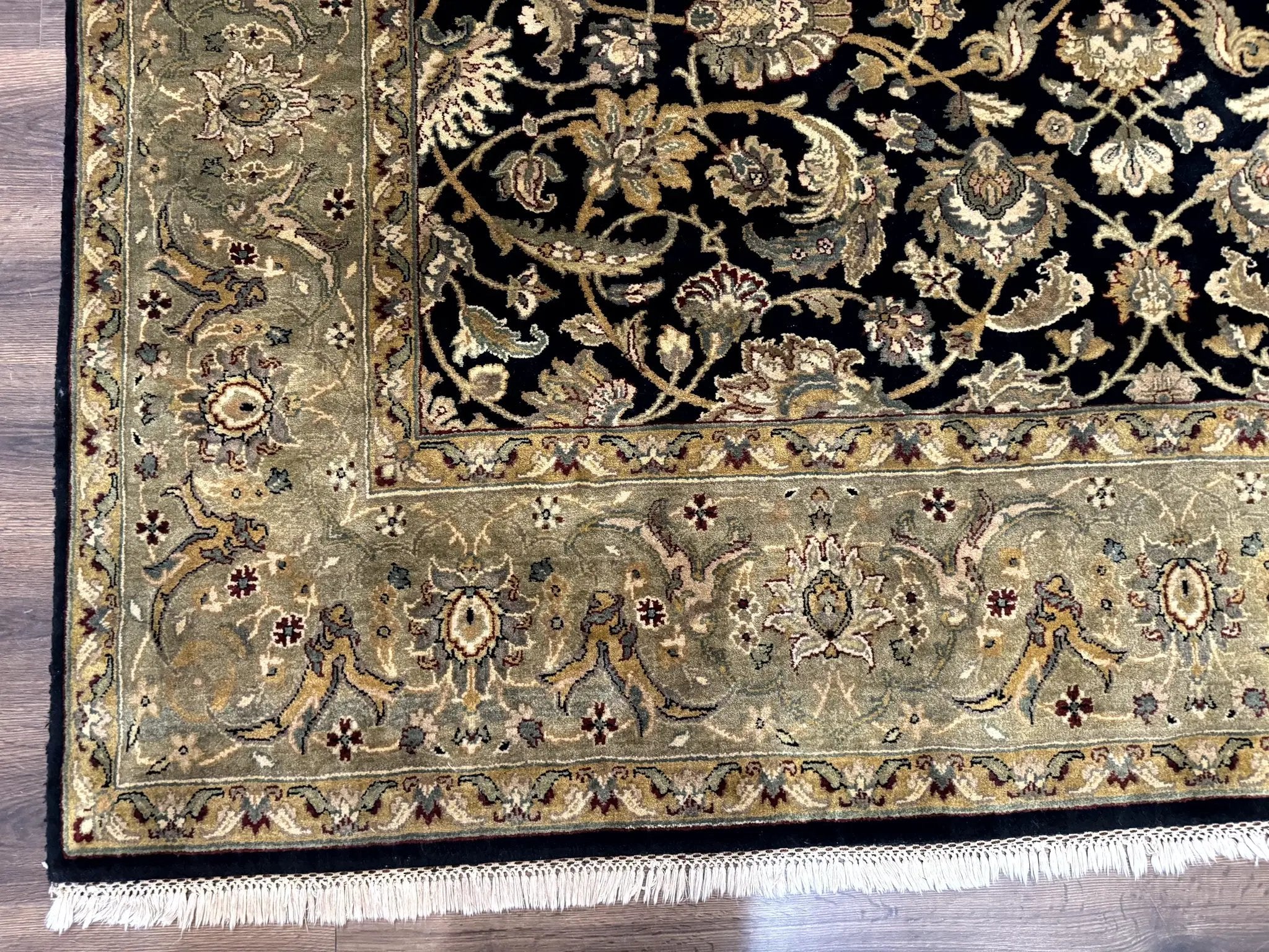 Indo Persian Rug 8x10, Black and Green, Wool, Handmade, Traditional, Floral Allover, Vintage by Jewel Rugs