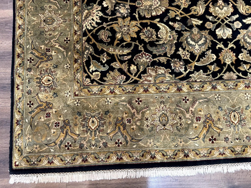 Indo Persian Rug 8x10, Black and Green, Wool, Handmade, Traditional, Floral Allover, Vintage by Jewel Rugs