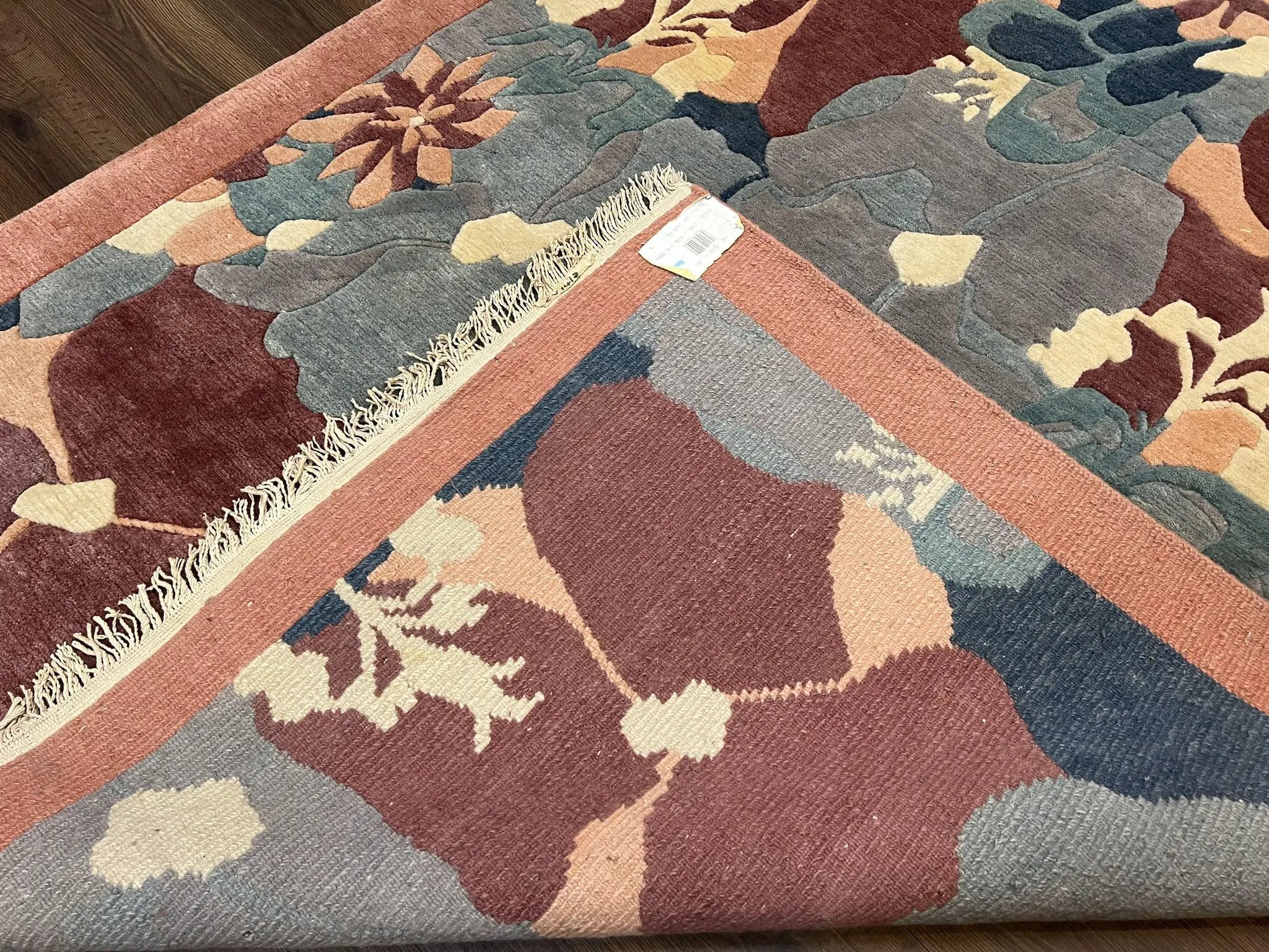 Modern Tibetan Rug 5.7 x 7.9, Abstract Multicolor Flower Pattern, Navy Blue Maroon Salmon, Soft Wool, Hand Knotted Contemporary Carpet 6x8 by Jewel Rugs