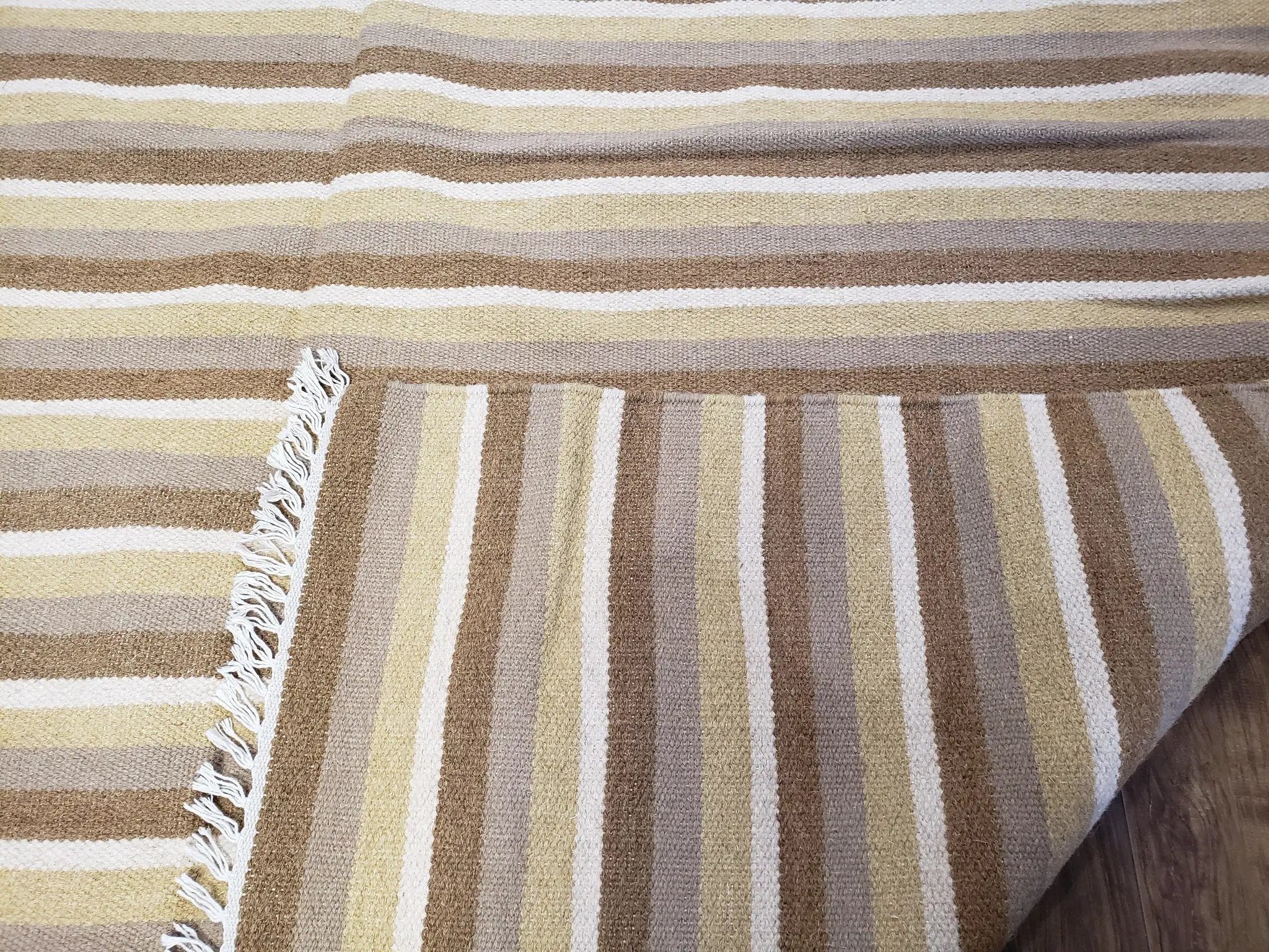 Indian Striped Blanket 6x9, Large Indo Kilim Area Rug, Earthern Tones Woolen Hand-Woven Flatweave South American Style Queen Size Bedspread by Jewel Rugs