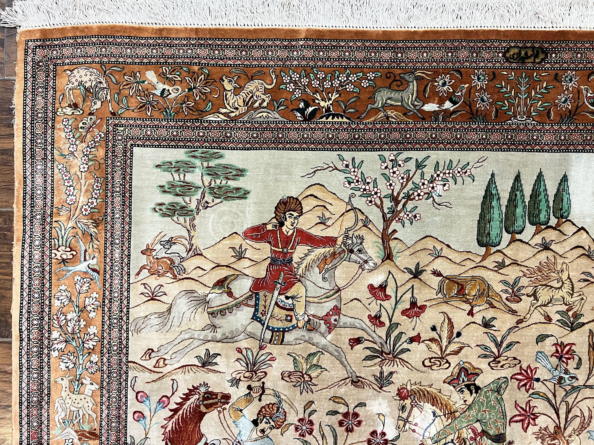 Silk Persian Qum Rug 3x5, Hunting Pattern, Handmade Vintage Carpet, Signed by Master Weaver, Horsemen Pictorials, Super Fine 650 KPSI by Jewel Rugs