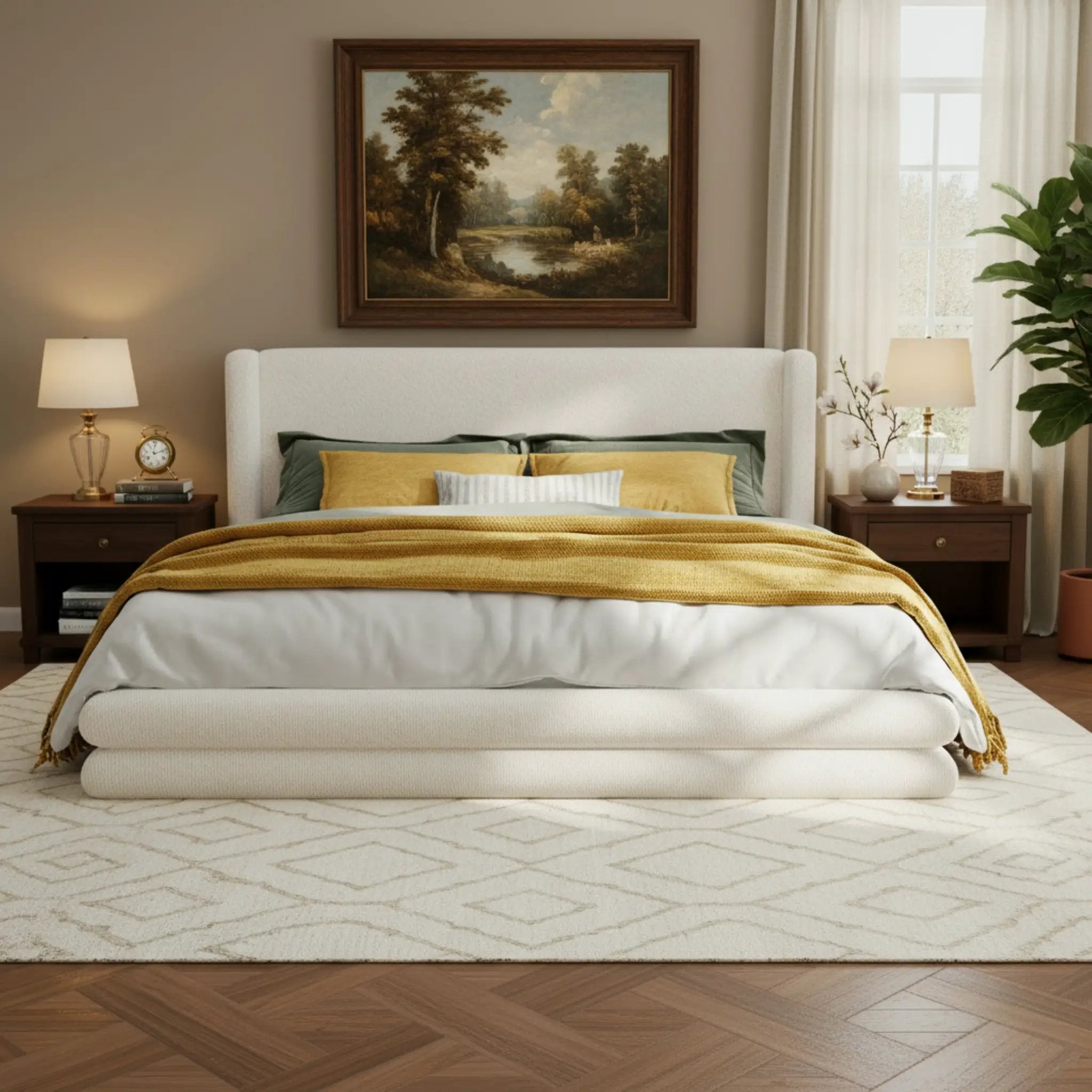 King Size Upholstered Bed Frame With Boucle Thick Wingback Headboard by HouseOfZazla