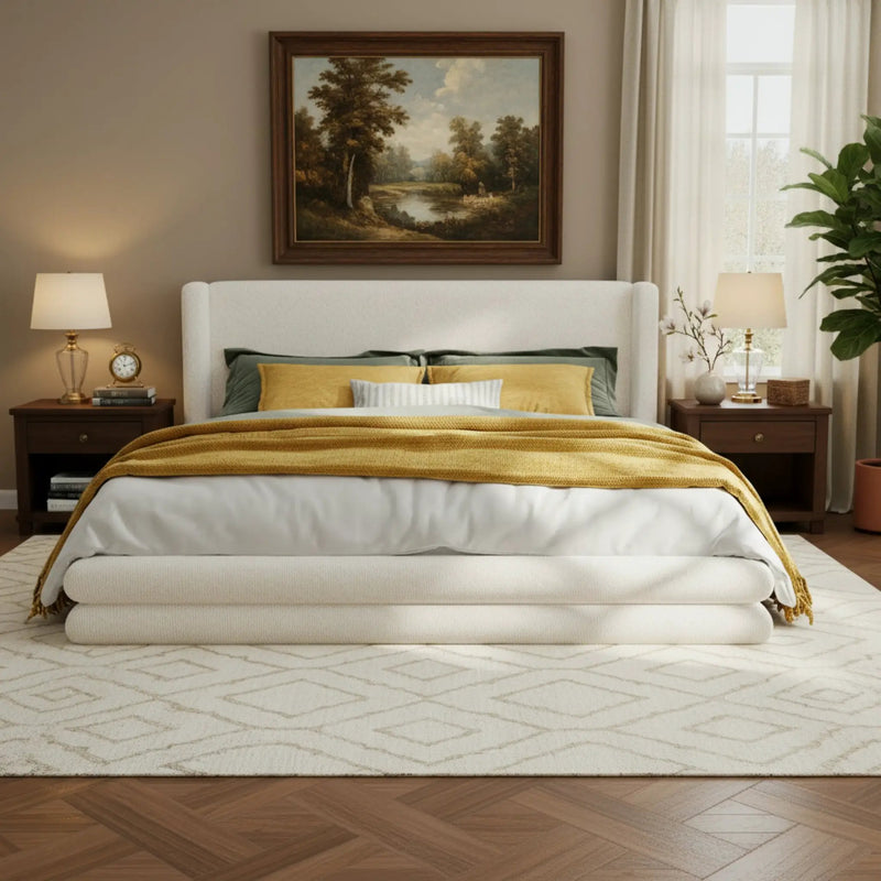 King Size Upholstered Bed Frame With Boucle Thick Wingback Headboard by HouseOfZazla