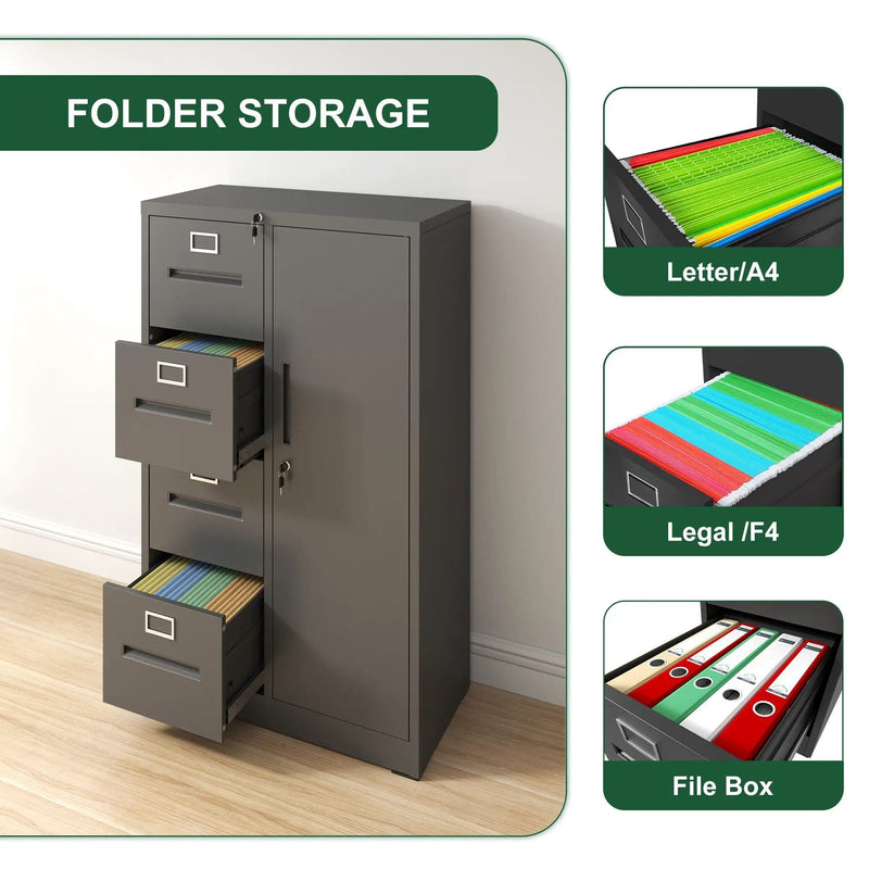 Metal Storage Vertical Filing Cabinet With Lock, 4 Drawers, 1 Door, Steel Construction, School / Office Use by Unique Piece Furniture