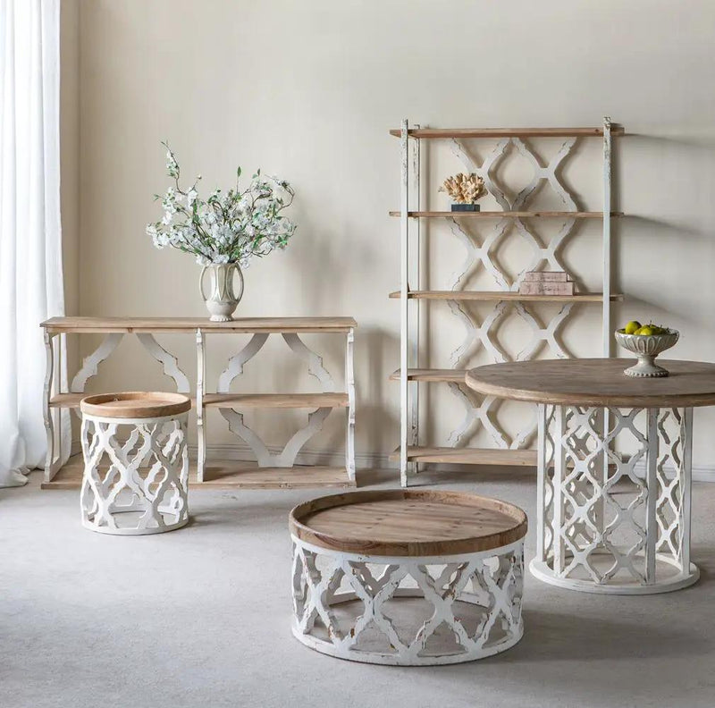Round Wooden Dining Table With Ornate Cut Out Base - Brown / Antique White by HouseOfZazla