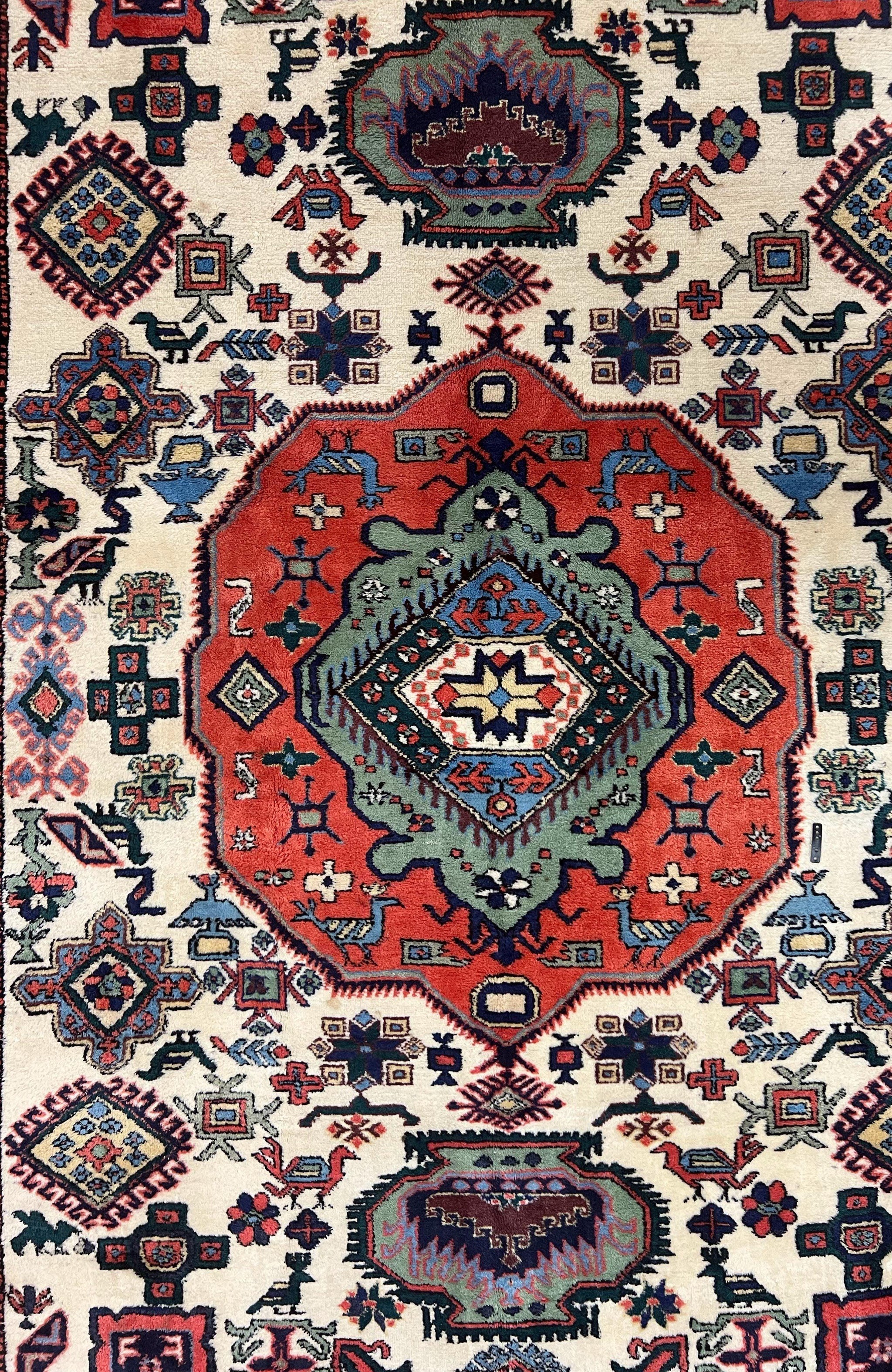 Persian Tribal Rug 8x11, Persian Ardabil Rug, Geometric Medallion Animal Pictorial Rug, Ivory Red Blue, Hand Knotted Vintage Wool Carpet by Jewel Rugs