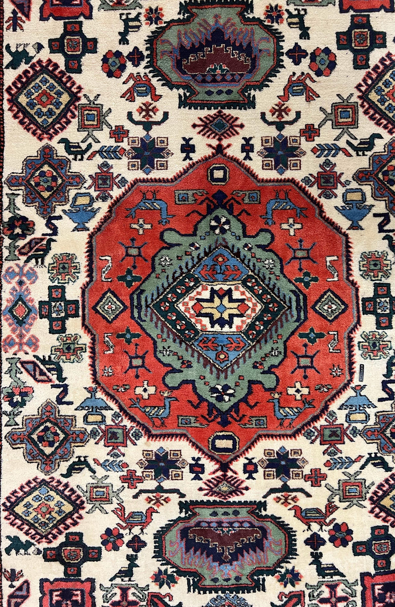 Persian Tribal Rug 8x11, Persian Ardabil Rug, Geometric Medallion Animal Pictorial Rug, Ivory Red Blue, Hand Knotted Vintage Wool Carpet by Jewel Rugs