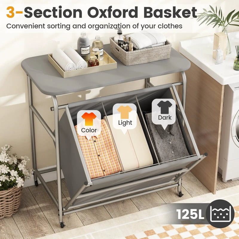 3-Section Laundry Sorter with Foldable Ironing Board and Lockable Wheels-Gray by DirectDeals