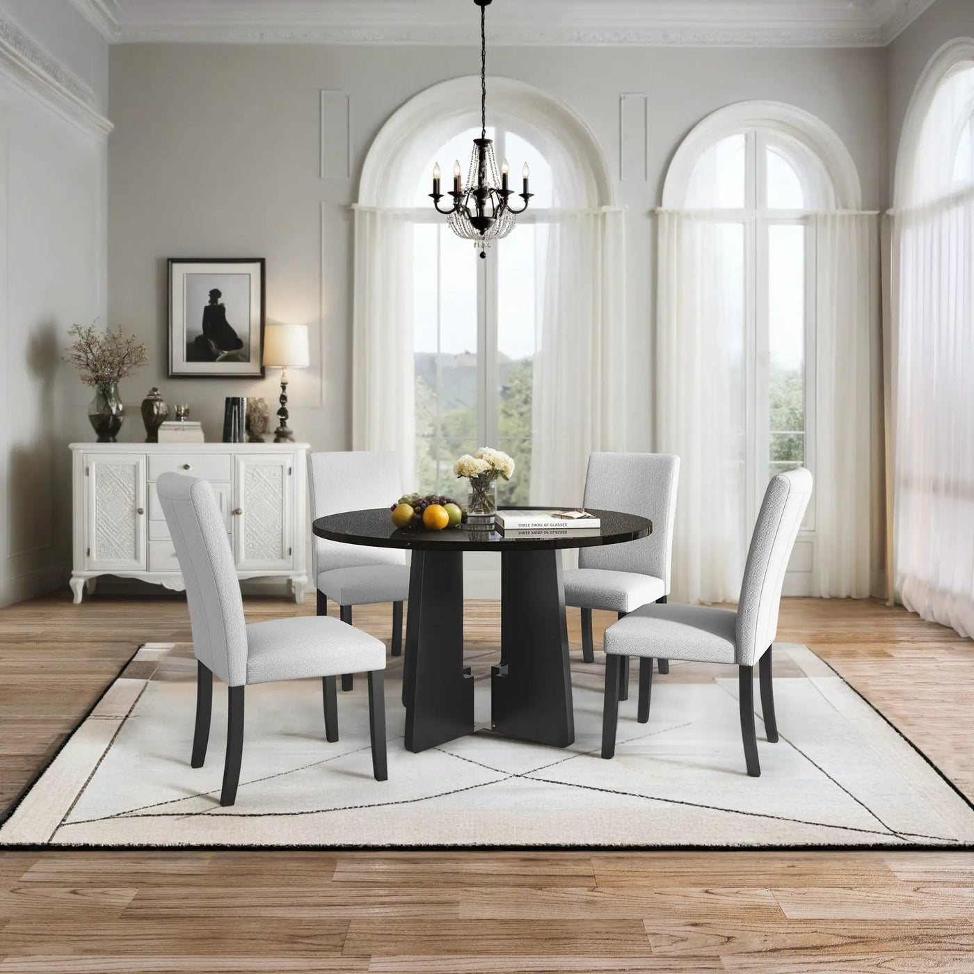 5 Piece Round Dining Table Set, Modern Dining Table And 4 Upholstered Chairs For Dining Room by HouseOfZazla
