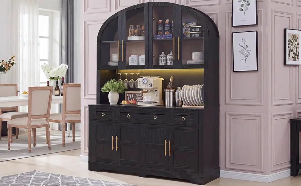 K&K 75.8" Tall Arched Kitchen Pantry Cabinet with LED & Charging Station by HouseOfZazla