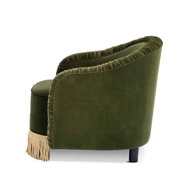 Serena 31.5" Ruched Barrel Back Accent Arm Chair with Bullion Fringe, Olive by HouseOfZazla