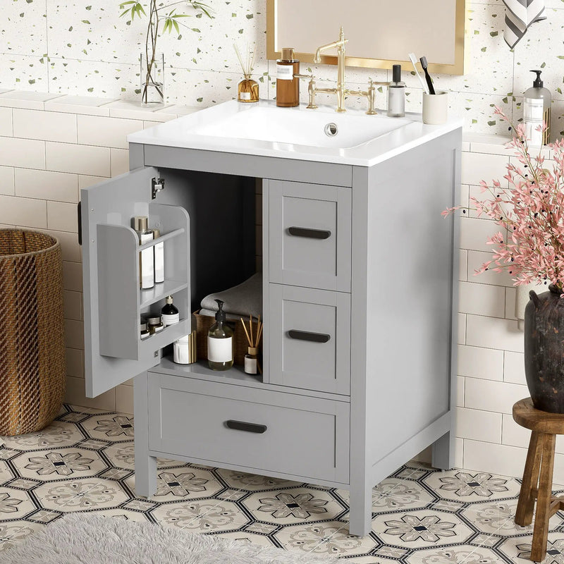 Bathroom Vanity With Sink, Soft Close Door, Double Layer Door Shelf And 3 Drawers - Gray by HouseOfZazla