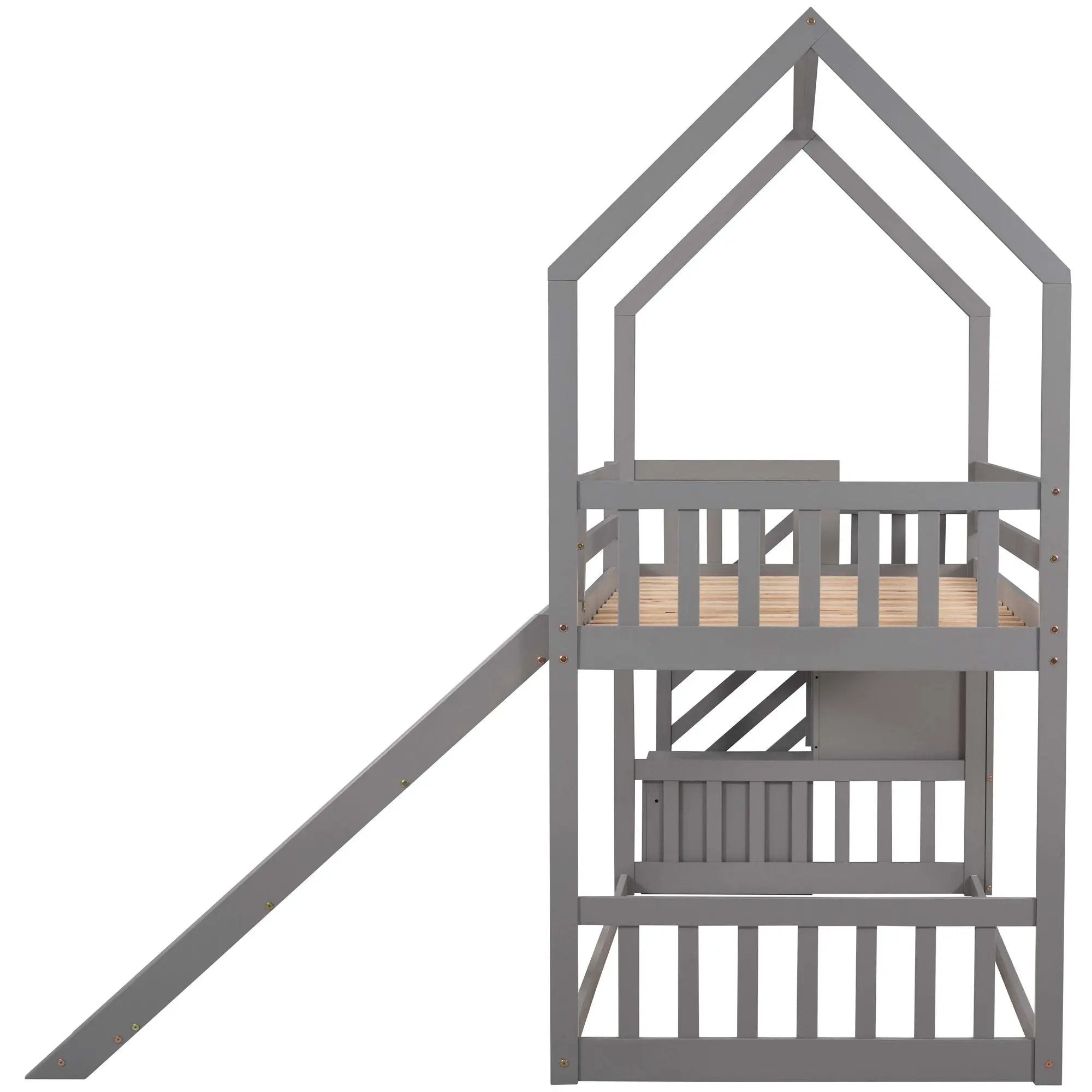 Twin Over Twin House Bunk Bed With Convertible Slide, Storage Staircase by Unique Piece Furniture