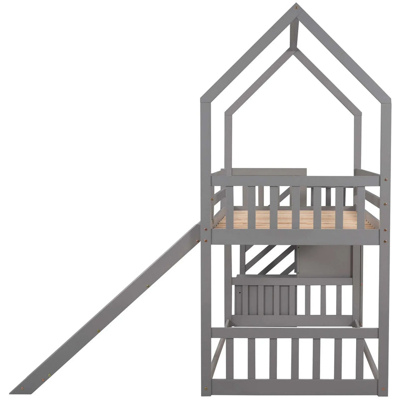 Twin Over Twin House Bunk Bed With Convertible Slide, Storage Staircase by HouseOfZazla