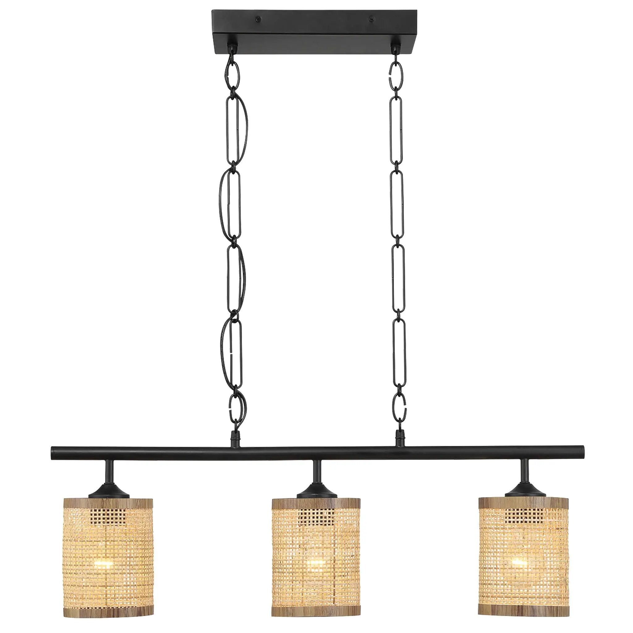 Elysian - 3 Lights Island With Natural Shade Farmhouse Chain Ceiling Lamp - Black / Rattan by Unique Piece Furniture