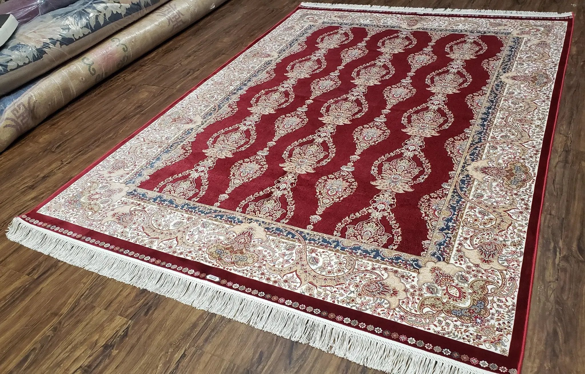 Dark Red Silk Carpet 5.3 x 7.6 ft, 5x8 Silk Rug, New Turkish Silk Carpet, Mint Condition, Beige & Red Area Rug, Bamboo Silk, High Quality by Jewel Rugs