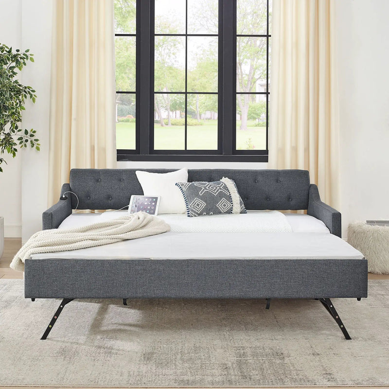 Size Upholstered Daybed With Trundle And USB Charging Armrest by Unique Piece Furniture