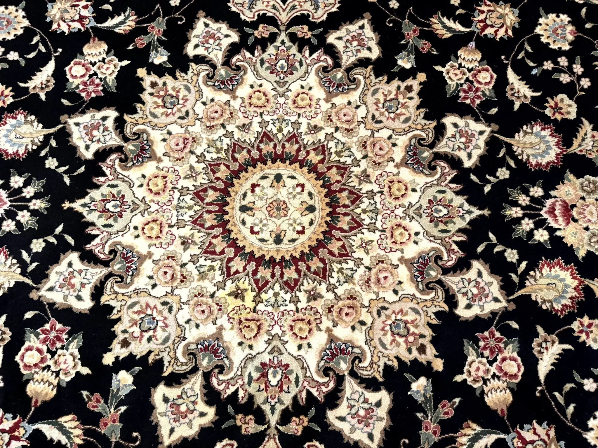 Sino Persian Rug 9x12, Black and Beige, Floral Medallion, Wool & Silk, Handmade by Jewel Rugs