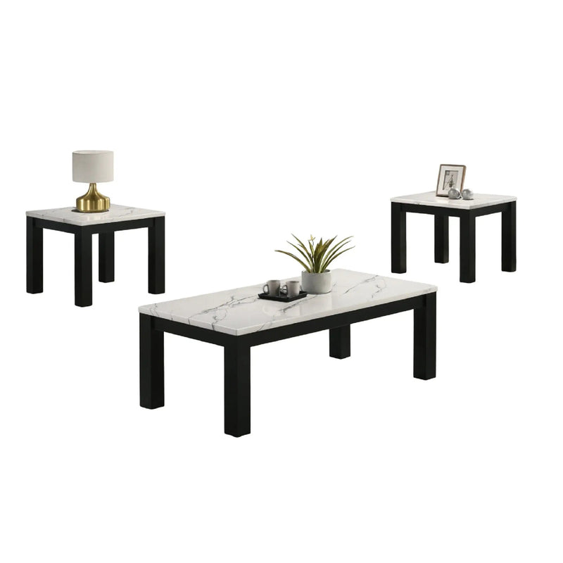 Modern 3 Piece Living Room Table Set With Faux Marble Top Wooden - Black / White by HouseOfZazla