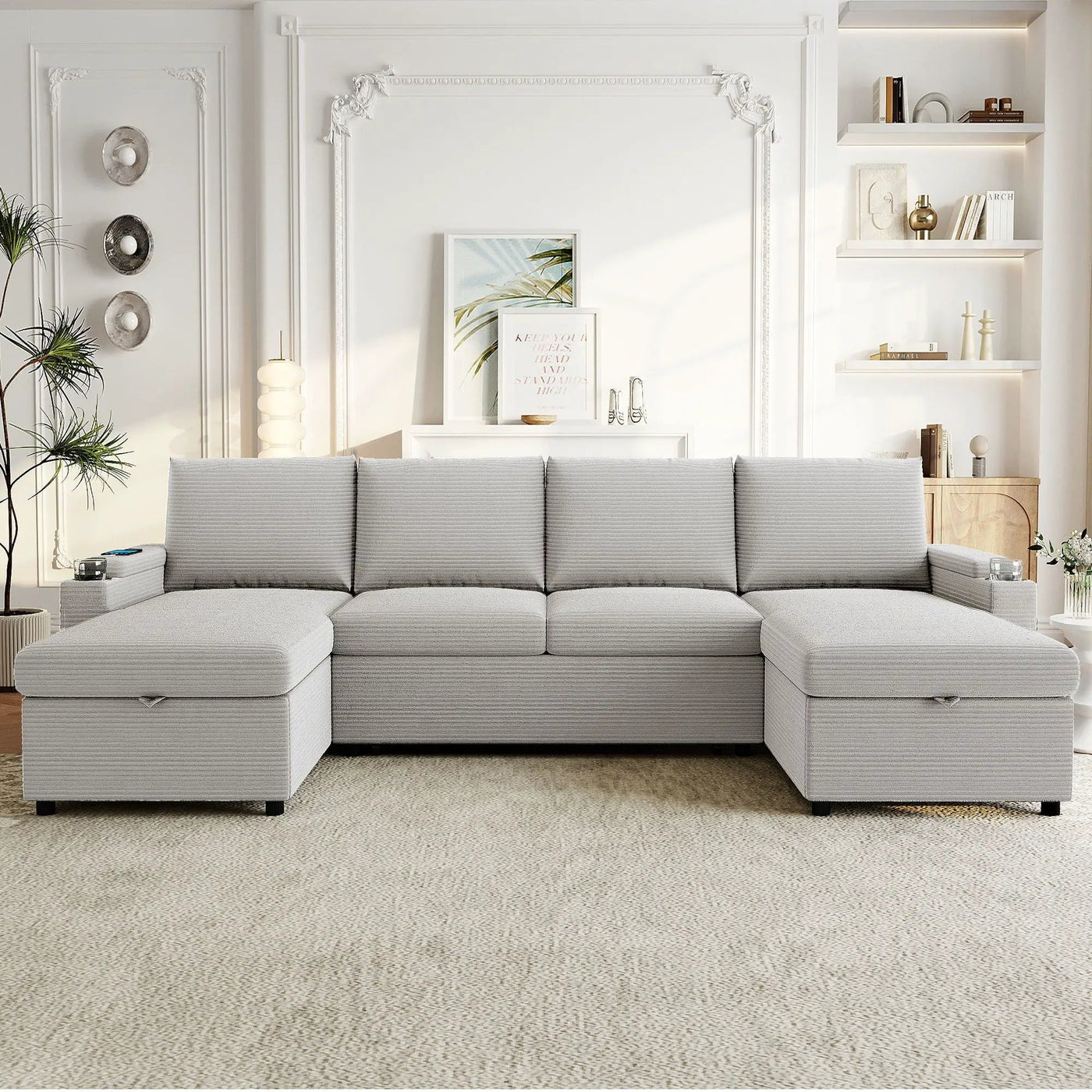U Shaped Sectional Sofa Bed With Storage Chaise Lounges, USB Ports, And Cup Holders by Unique Piece Furniture