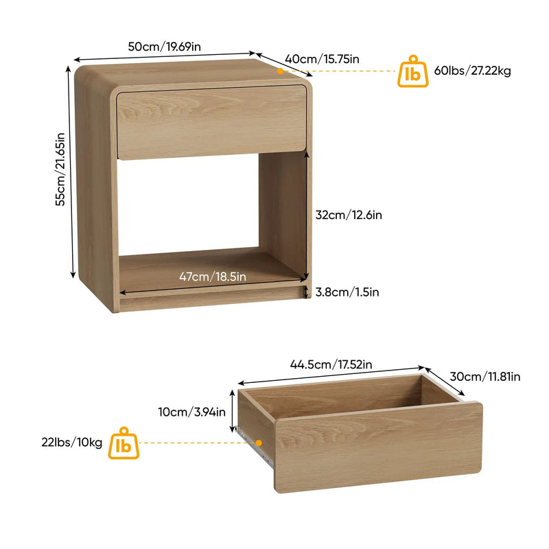 Bedside Table Set With Storage Drawers And Open Shelves, Compact With Rounded Corners (Set of 2) - Oak by HouseOfZazla