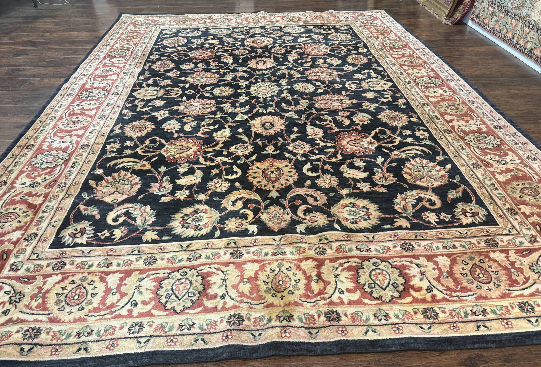 Vintage Oriental Rug 8x11, Floral Persian Design Carpet, Turkish Power Loomed Rug, Navy Blue Red Cream by Jewel Rugs