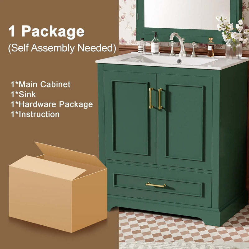 Bathroom Vanity With Sink, 1 Divided Drawer And 2 Soft Close Doors With Double Shelf