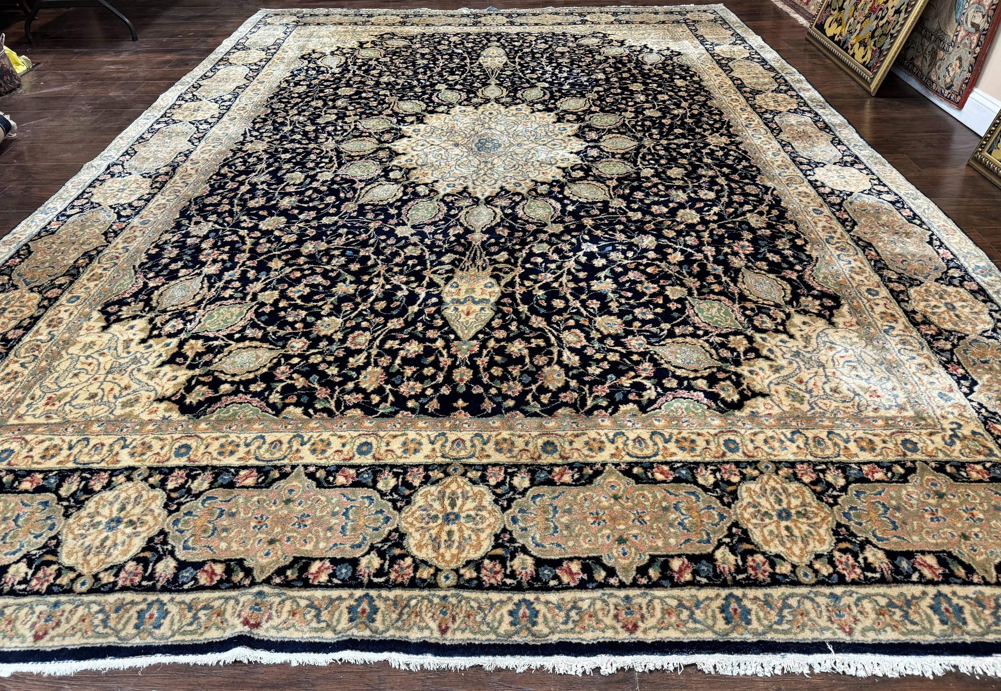 Large Persian Kerman Rug 10x14, Navy Blue and Beige, Floral Medallion, Traditional Elegant Persian Carpet, Signed by Masterweaver by Jewel Rugs