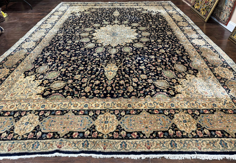 Large Persian Kerman Rug 10x14, Navy Blue and Beige, Floral Medallion, Traditional Elegant Persian Carpet, Signed by Masterweaver by Jewel Rugs
