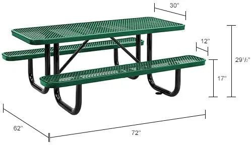 Global Industrial 6’L Rectangular Picnic Table, Expanded Metal, Green Thermoplastic Coating, Attached Benches, 1-1/2” Umbrella Pole Hole, Outdoor-Rated, 1000 lb Capacity, 72” x 30” Tabletop by GreenHaven Gardens