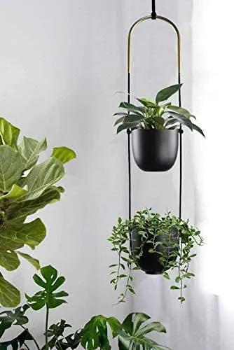 Modern Metal Hanging Planter for Indoor Outdoor Plants with Hook 2 Tier Boho Wall and Ceiling Flower Pots Baskets Holder Home Office Decor(Black) by GreenHaven Gardens