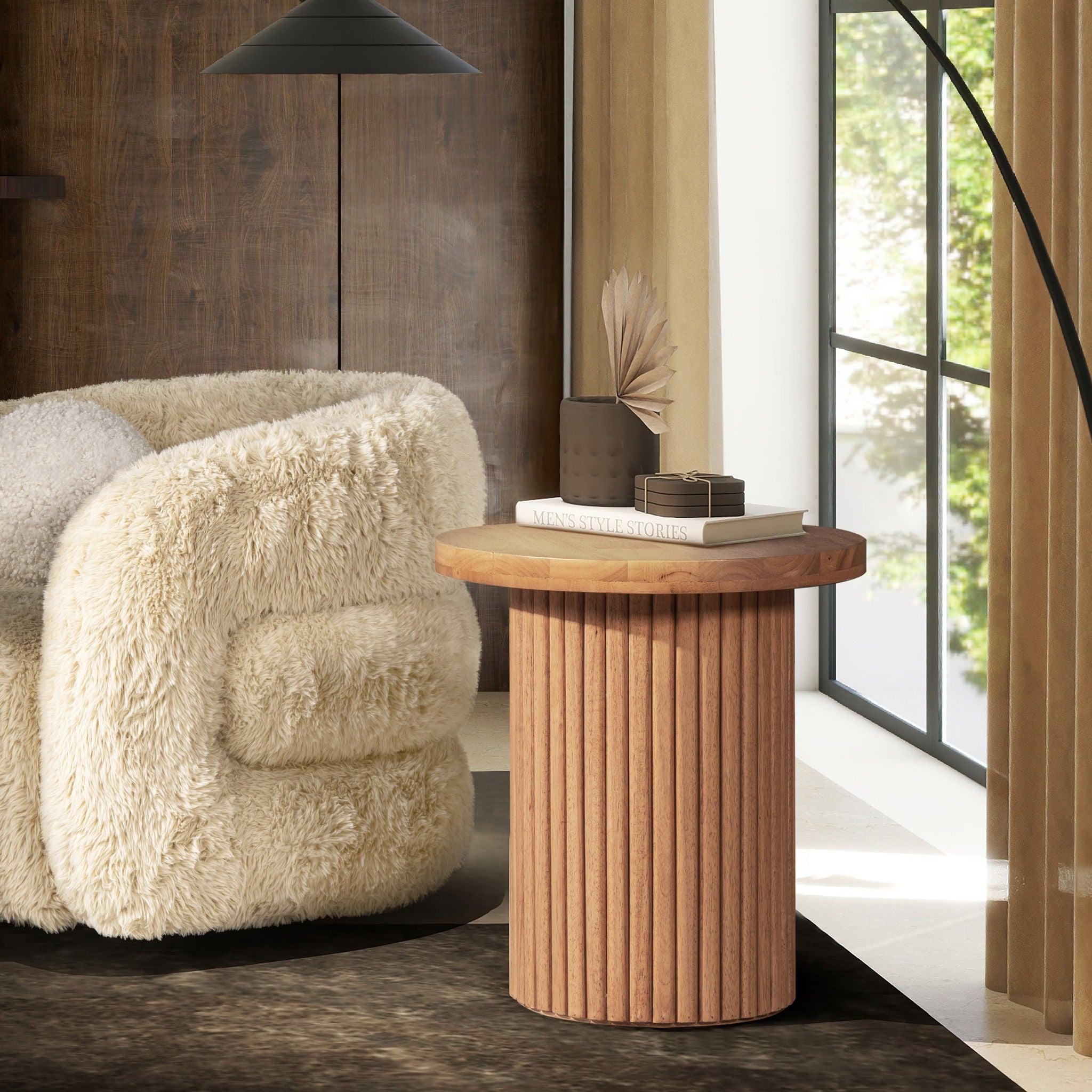 Kenzie - Fluted Pillar Round Accent Side Table - Light Natural Brown by HouseOfZazla