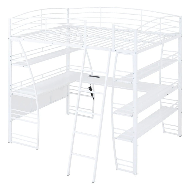 Loft Bed With 4 Layers Of Shelves And L-Shaped Desk, Stylish Metal Frame Bed With A Set Of Sockets, USB Ports And And Wireless Charging by Unique Piece Furniture