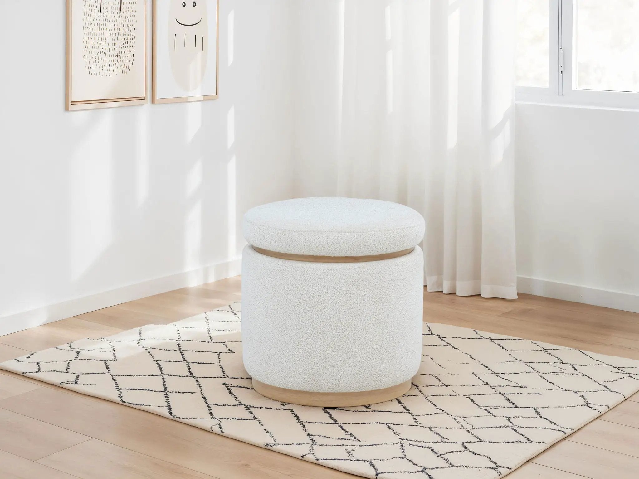 Remuda Boucle Upholstered Round Storage Ottoman Ivory by Unique Piece Furniture