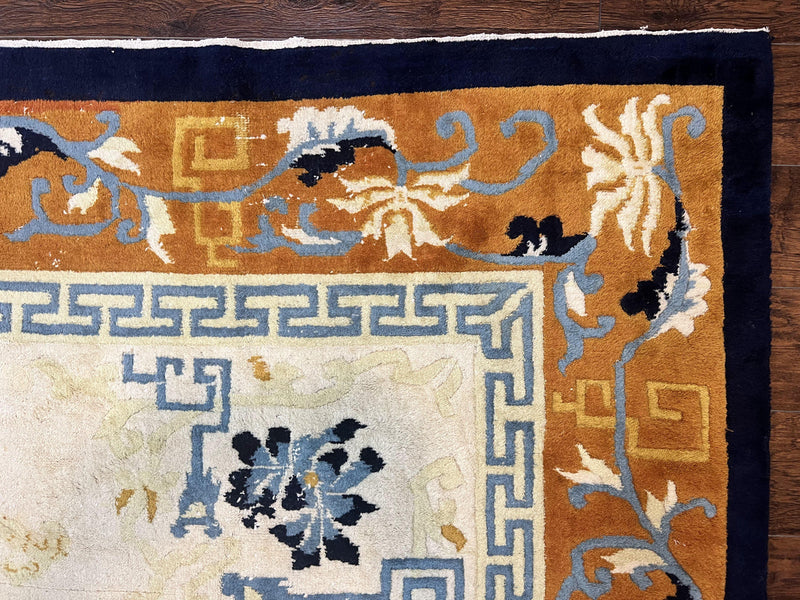 Indo Chinese Rug 9x12, Asian Oriental Carpet 9 x 12, Cream & Burnt Orange, Handmade Wool Vintage Art Deco Rug by Jewel Rugs