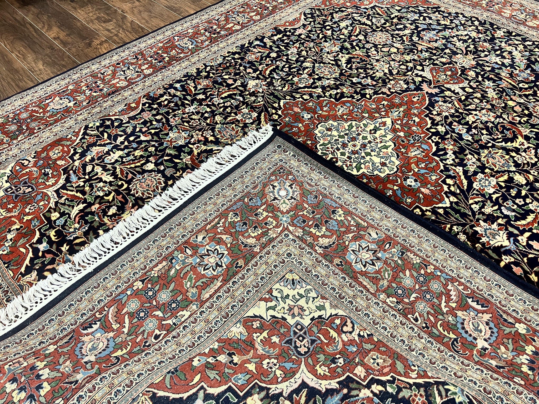 Indo Persian Rug 8x10, Floral Medallion, Vintage Handmade Wool Carpet, Navy Blue and Red, Fine 300 KPSI by Jewel Rugs