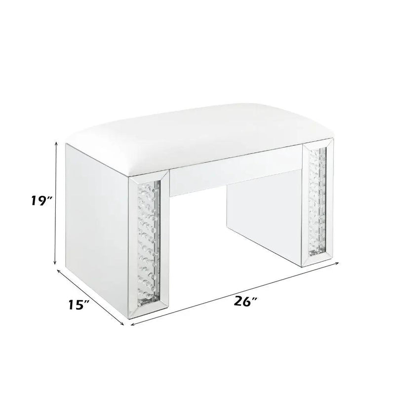Nysa - Vanity Stool - Ivory Synthetic Leather , Mirrored & Faux Crystals by Unique Piece Furniture