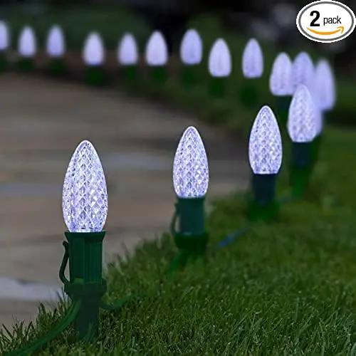 C9 Christmas Pathway Lights with Stakes,Cold White,2 Pack Total 60 Ft 40 Strawberry LED Bulbs,Connectable Shatterproof Outdoor Lights Marker for Xmas Yard Garden Path Lawn Walkway Sidewalk by GreenHaven Gardens