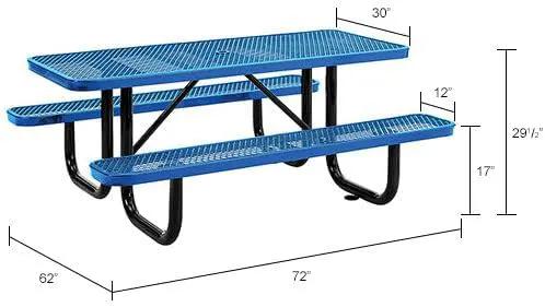 Global Industrial 6’L Rectangular Picnic Table, Expanded Metal, Blue Thermoplastic Coating, Attached Benches, 1-1/2” Umbrella Pole Hole, Outdoor-Rated, 1000 lb Capacity, 72” x 30” Tabletop by GreenHaven Gardens