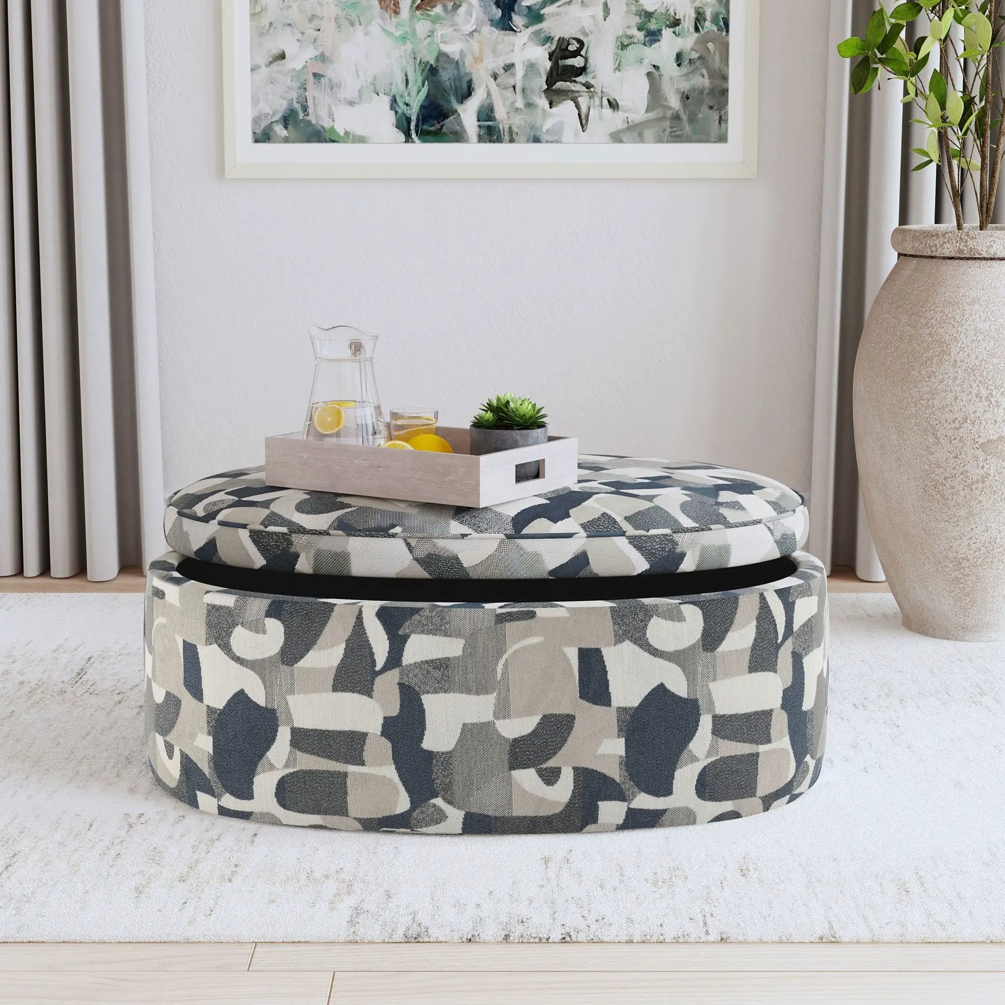 Tomkins Oval Upholstered Storage Ottoman Indigo Blue by Unique Piece Furniture
