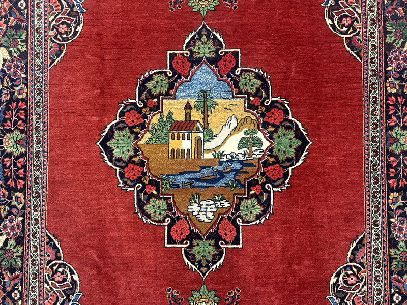 Red Persian Kashan Rug 4x6, Very Fine 260 KPSI, Red and Navy Blue Persian Carpet, Semi Open Field by Jewel Rugs