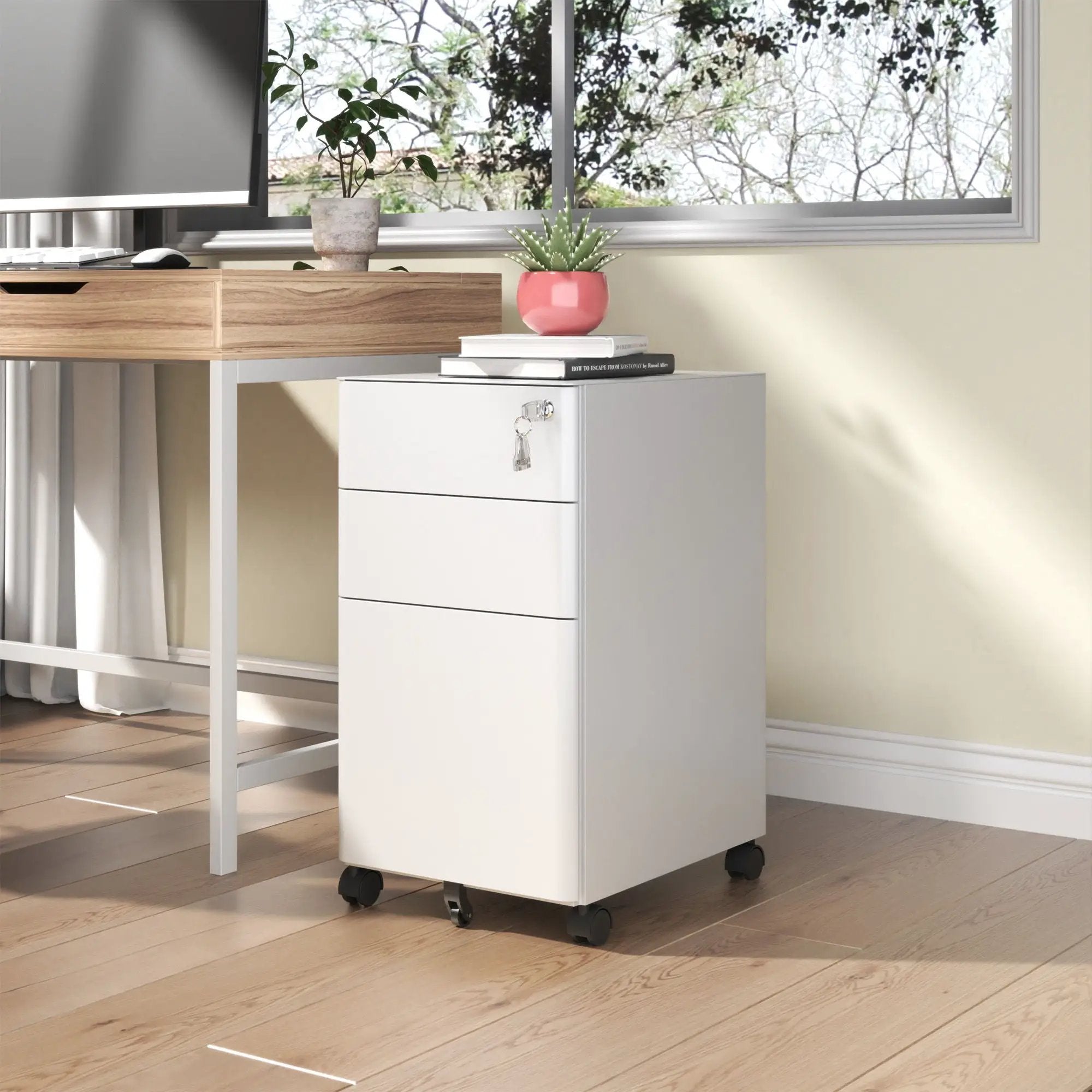 3-Drawer Mobile File Cabinet With Lock, On Wheels - White by HouseOfZazla
