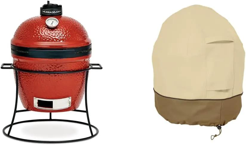 Kamado Joe KJ13RH Joe Jr. 13.5 inch Portable Charcoal Grill with Cast Iron Cart and Heat Deflectors, Blaze Red & Classic Accessories Veranda Water-Resistant 21 Inch Kamado Mini Ceramic BBQ Grill Cover by GreenHaven Gardens